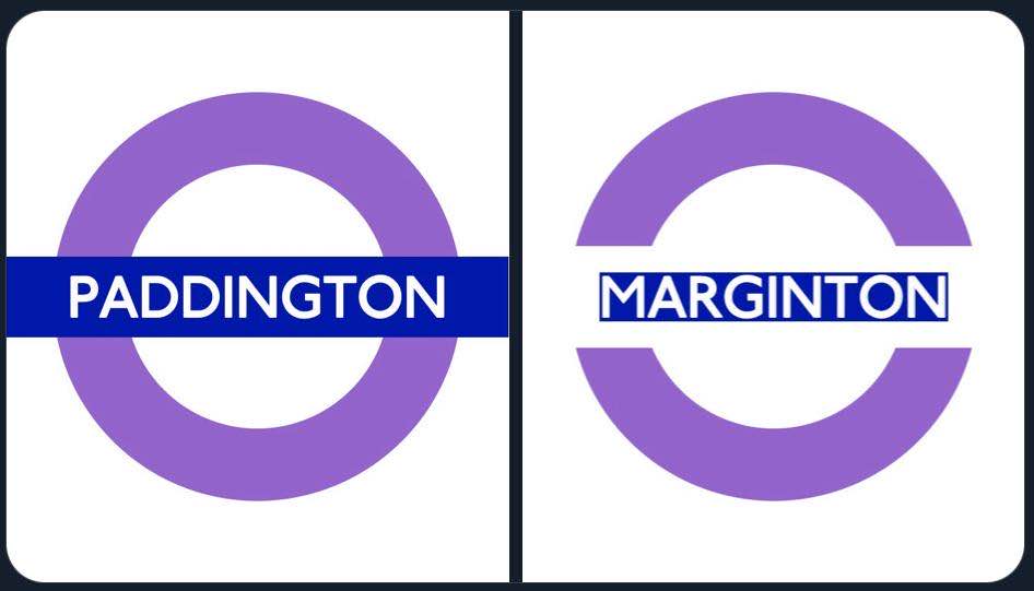 London Underground Logos of stations «Paddington» and «Marginton», where the horizontal bar of Marginton has whitespace around it to showcase the difference between padding and margin.