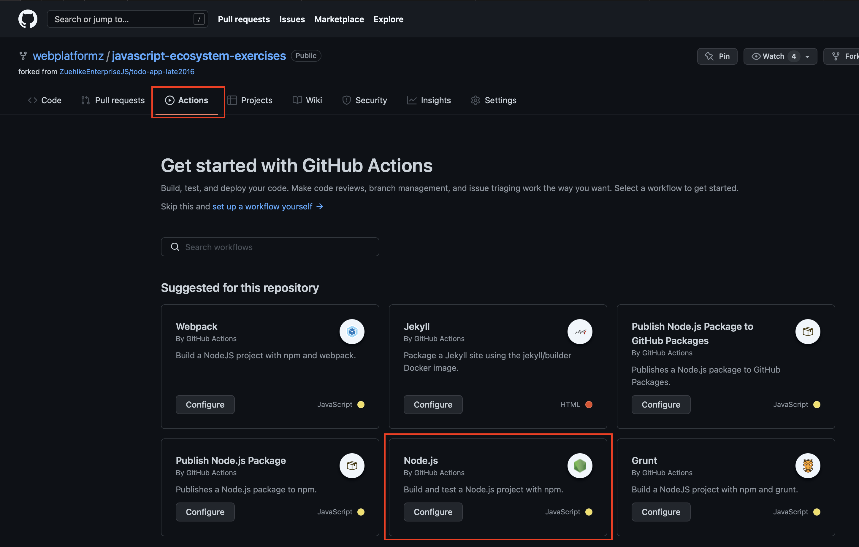 Screenshot of Github Action creation wizard