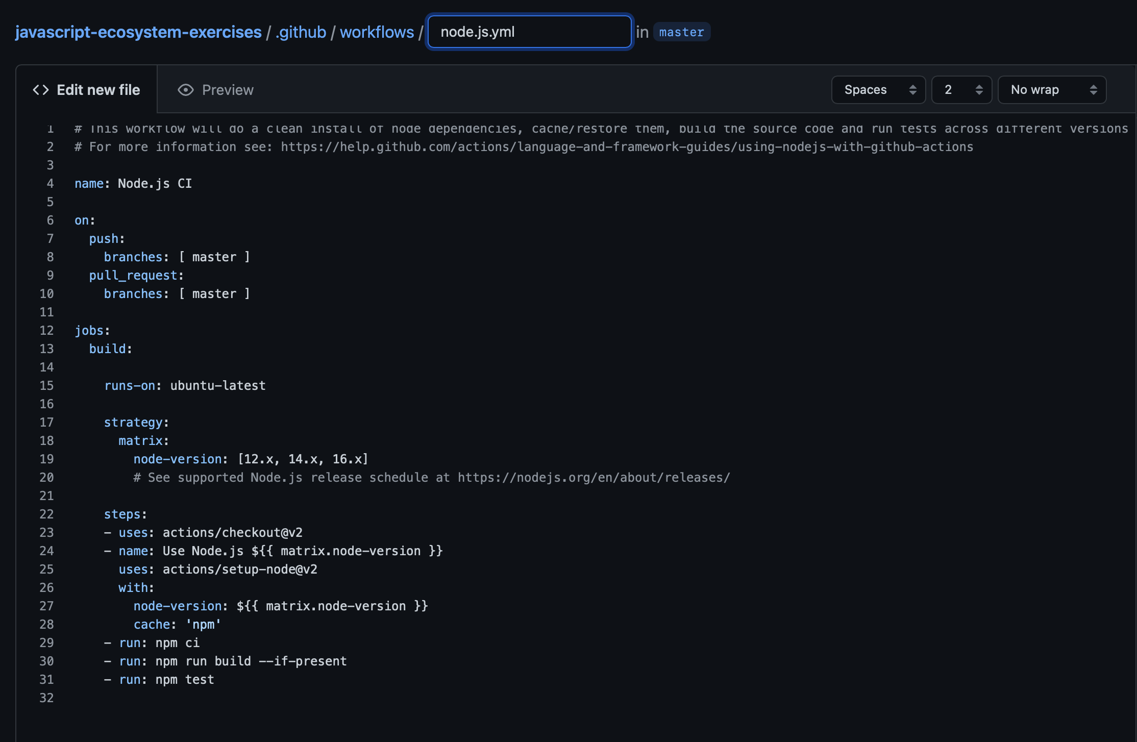 Screenshot of default node.js Github Action workflow file